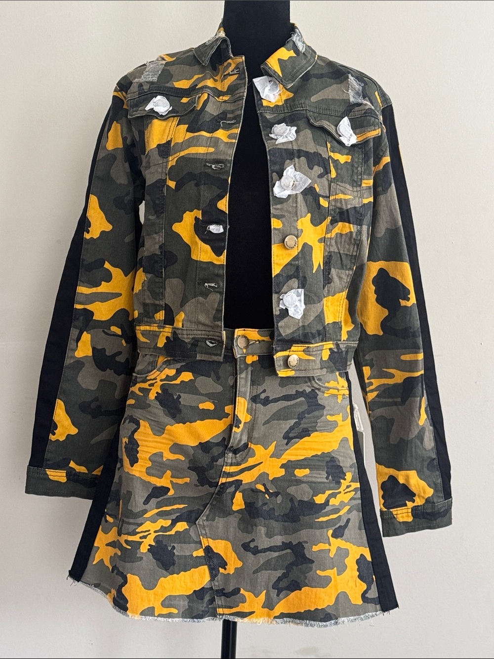 Camo Print Yellow & Olive Two-Piece Crop Jacket & skirt - Women Jackets & Coats